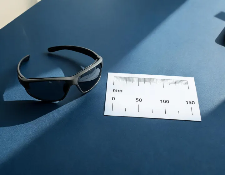 Unbranded fishing glasses on a specification desk with a sizing chart